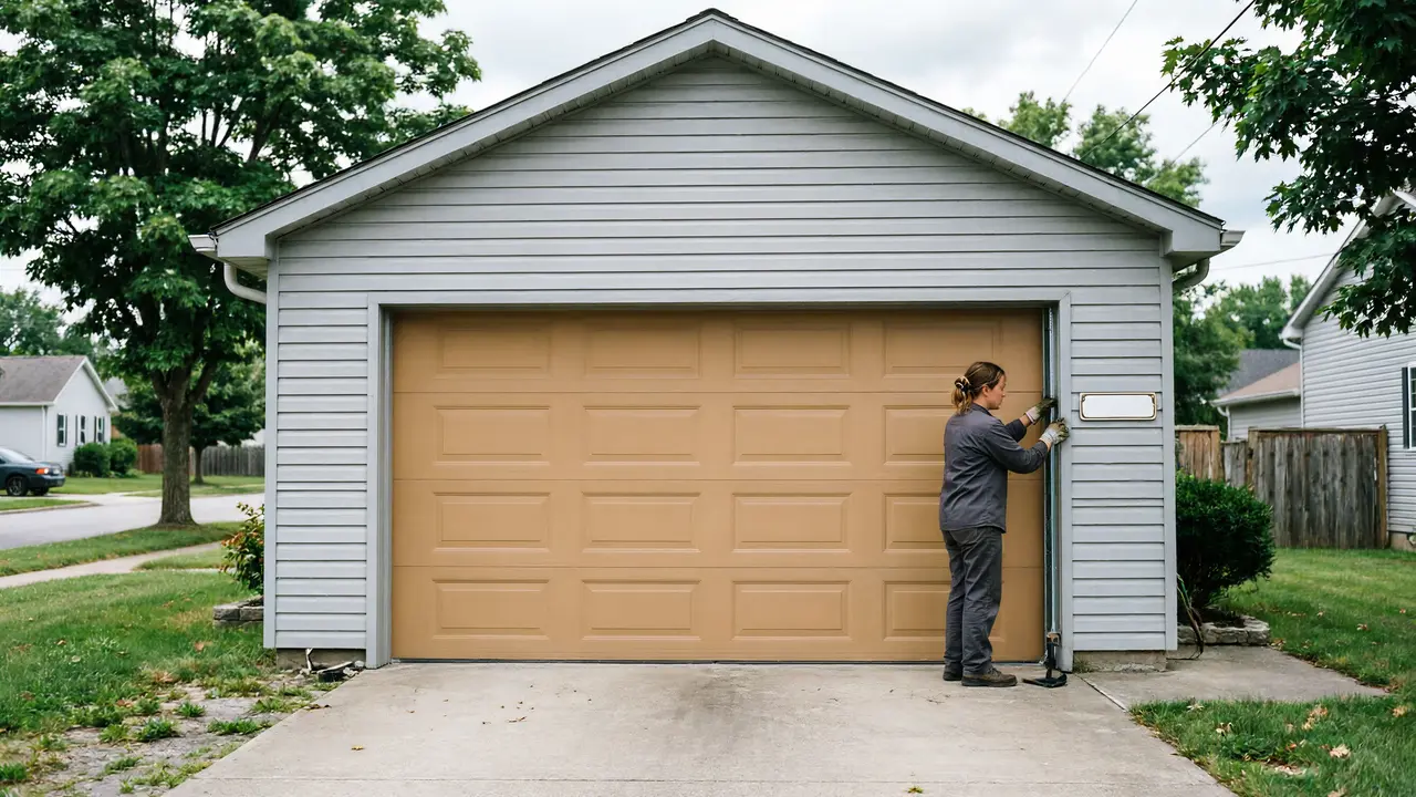 A technician in gray overalls works on the side of a tan garage door.